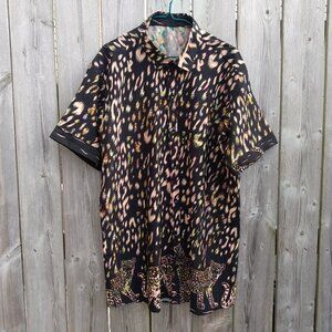 Leopard Print Shirt 2XL Large with Button Front Collar 52" Chest 2000s Y2K